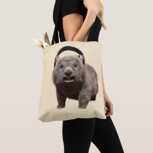 Bolsa Tote Wombat engraçado com fones de ouvido Animal Legal