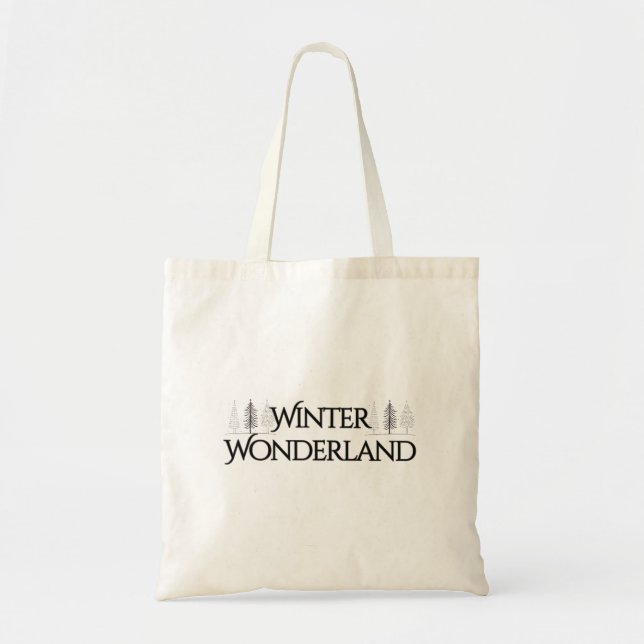 Bolsa Tote Wonderland de inverno - Texto Elegante e Pinheiros (Frente)