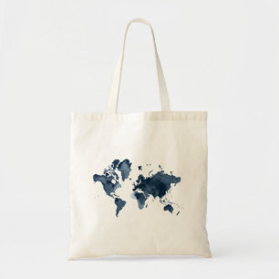 Bolsa Tote World Map Watercolor Marinho de Lado Duplo.