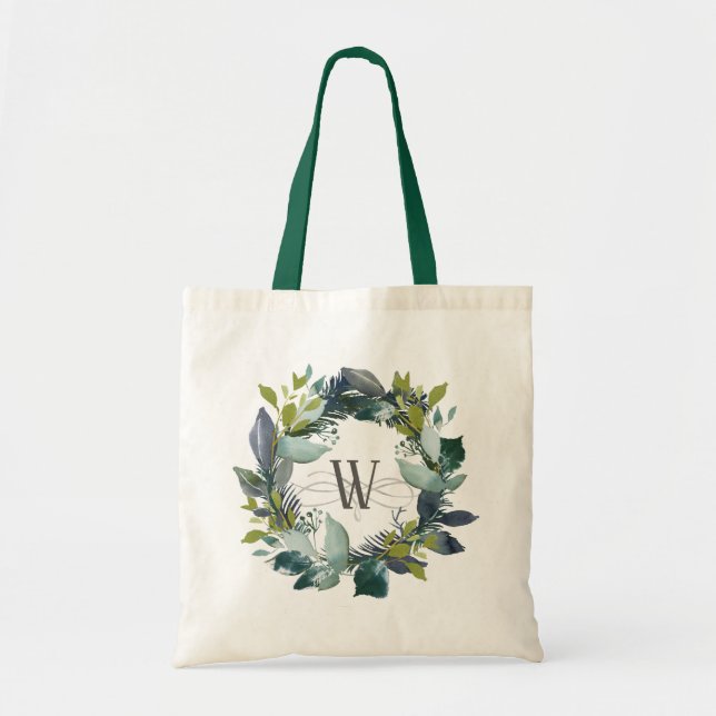 Bolsa Tote Wreath Botânica Watercolor Monograma Verde Teal (Frente)