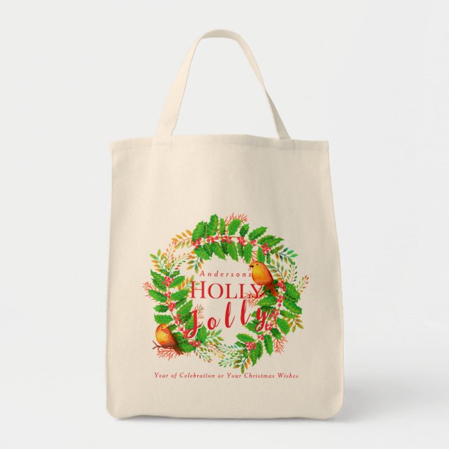 Bolsa Tote Wreath Holly Jolly Family White (Frente)