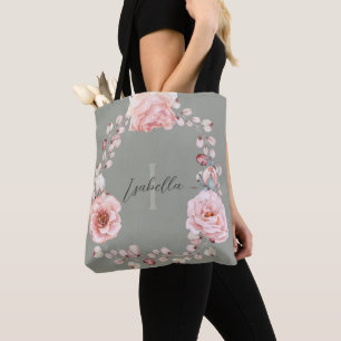 Bolsa Tote Wreath Rosa de Aquarela Personalizada   Sage Green
