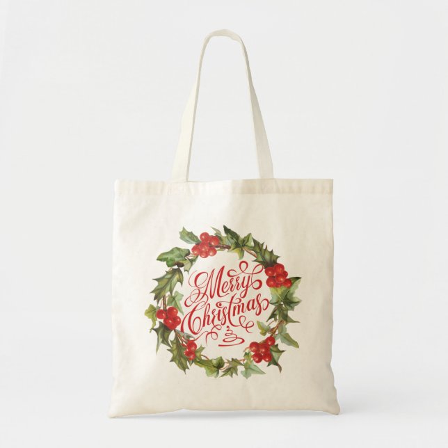 Bolsa Tote Wreath Verde de Natal Holly Ivy Typografia (Frente)