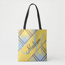 Bolsa Tote Xadrez Amarelo Azul Elegante | Adicione Seu Nome