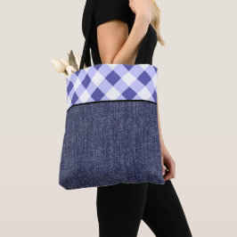 Bolsa Tote Xadrez azul claro e jeans
