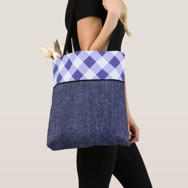 Bolsa Tote Xadrez azul claro e jeans (Close Up)