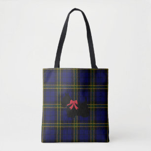 Bolsa Tote xadrez azul com Terrier escocês com arco vermelho