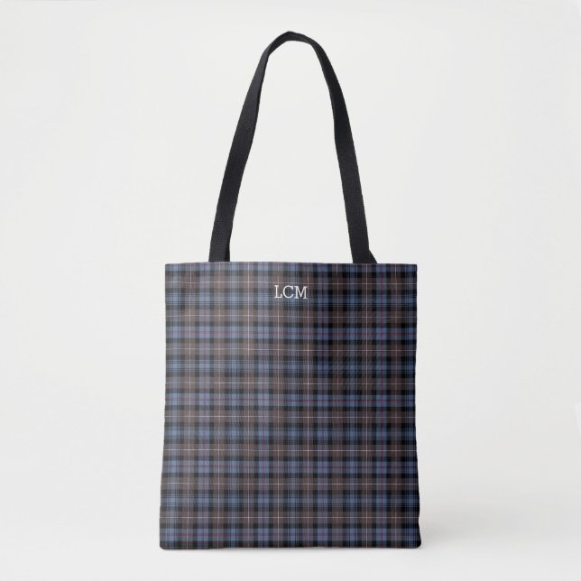 Bolsa Tote Xadrez Azul e Marrom Mackenzie Tartan Monograma (Frente)