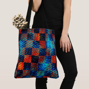 Bolsa Tote Xadrez azul, laranja, falso sujo ou manchado.