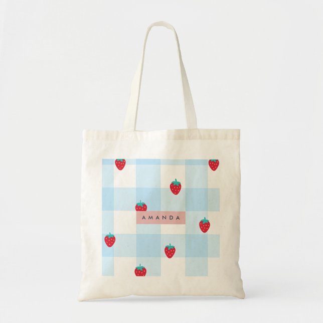 Bolsa Tote Xadrez Azul Morango Doce Personalizado (Frente)