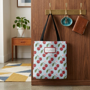 Bolsa Tote Xadrez Azul Rústico e Monograma de Cerejas