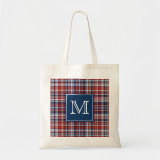 Bolsa Tote Xadrez branca do monograma e azul vermelha