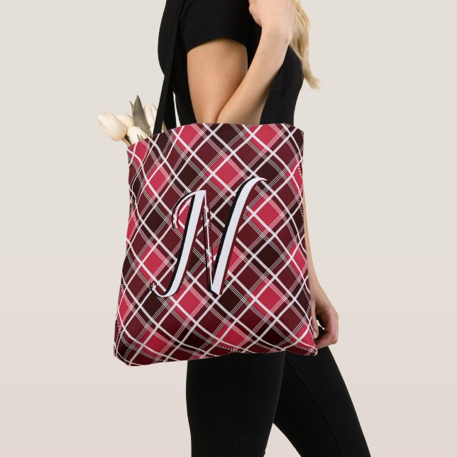 Bolsa Tote Xadrez Clássica de Tartan Vermelho Monograma Preto (Close Up)