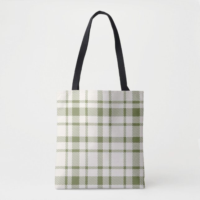 Bolsa Tote Xadrez Clássica Tartan Pattern-Olive Green & Cream (Frente)