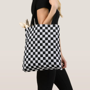 Bolsa Tote Xadrez com Impressão de Pele de Crocodilo Preto e
