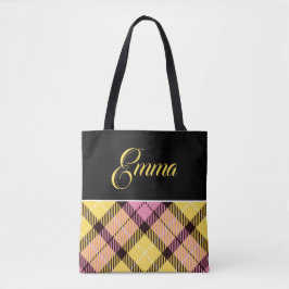 Bolsa Tote Xadrez Cor-de-rosa amarela preta Tartan Nome perso