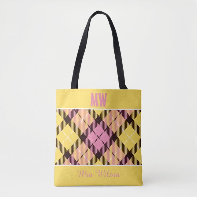 Bolsa Tote Xadrez Cor-de-rosa amarela Tartan Nome Personaliza (Frente)