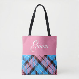 Bolsa Tote Xadrez Cor-de-rosa-bebê azul-branca Tartan Nome Pe