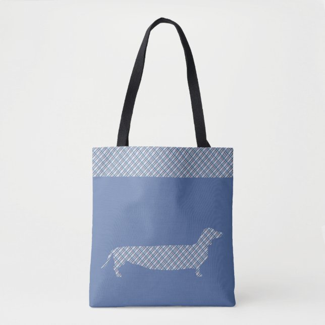Bolsa Tote Xadrez Dachshund em azul (Frente)