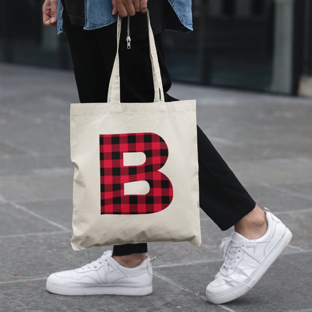 Bolsa Tote Xadrez de Búfalo Vermelho e Preto Letra B Maiúscul (Red and Black Buffalo Plaid Bold Letter B Monogram Tote Bag)