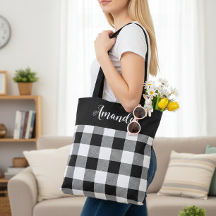 Bolsa Tote Xadrez de Buffalo Preto e Branco Personalizada