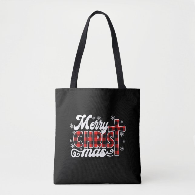 Bolsa Tote Xadrez de Buffalo Vermelho Cruzando Feliz Natal Xm (Frente)