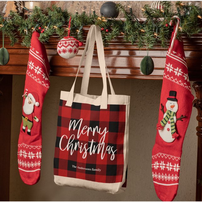 Bolsa Tote Xadrez de Buffalo Vermelho e Feliz Natal |Nome pes (Criador carregado)