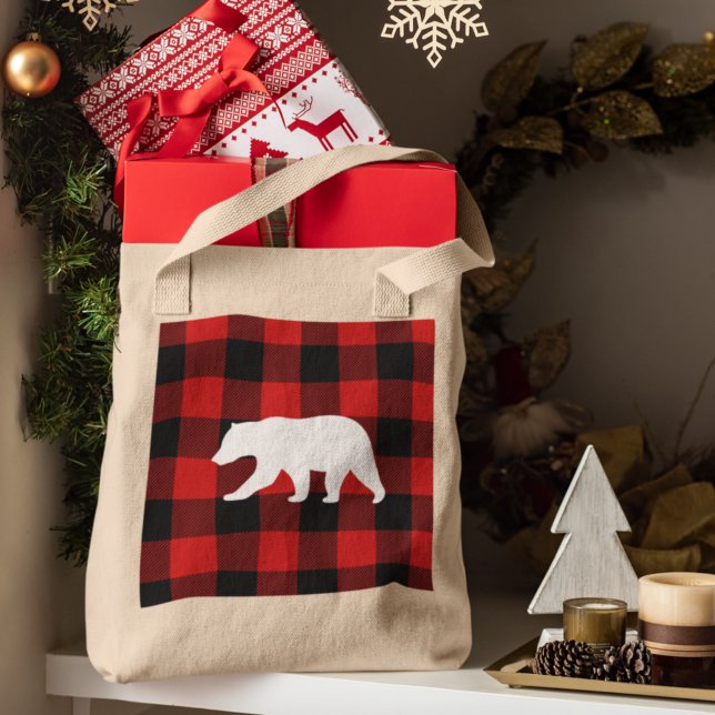 Bolsa Tote Xadrez de Buffalo Vermelho e Urso Branco (Criador carregado)
