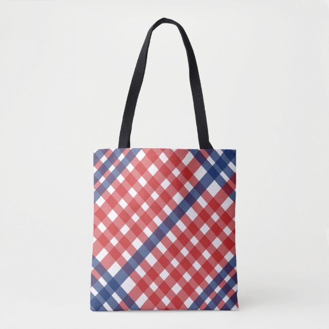 Bolsa Tote Xadrez de Gingham Vermelho, Branco e Azul (Frente)