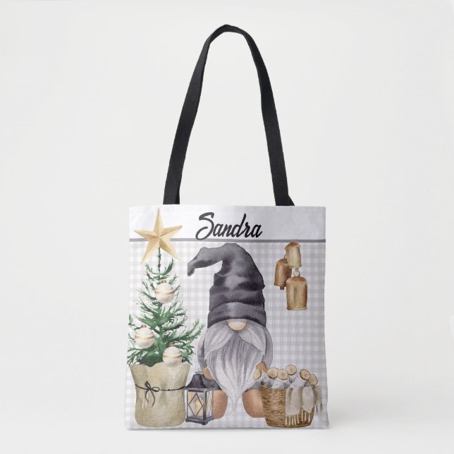 Bolsa Tote Xadrez de Gnomo de Aquarela de Natal Personalizado (Frente)