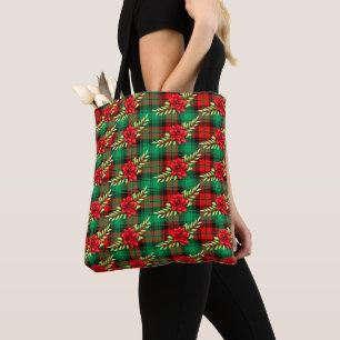 Bolsa Tote Xadrez De Natal Poinsettias E Deixa Saco