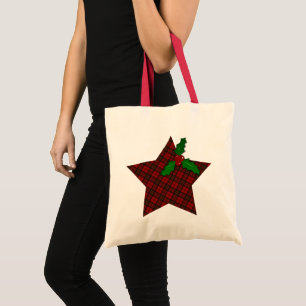 Bolsa Tote Xadrez de Natal Red Tartan Inverno Star Holly