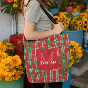 Bolsa Tote Xadrez de Natal Russo Monograma Vermelho
