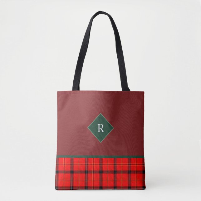 Bolsa Tote Xadrez de Natal Vermelho e Verde, Tartan Monograma (Frente)
