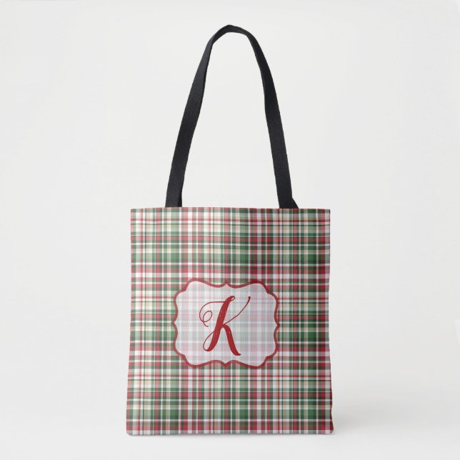 Bolsa Tote Xadrez de Natal XMAS Tartan Vermelho Toalha Verde (Frente)