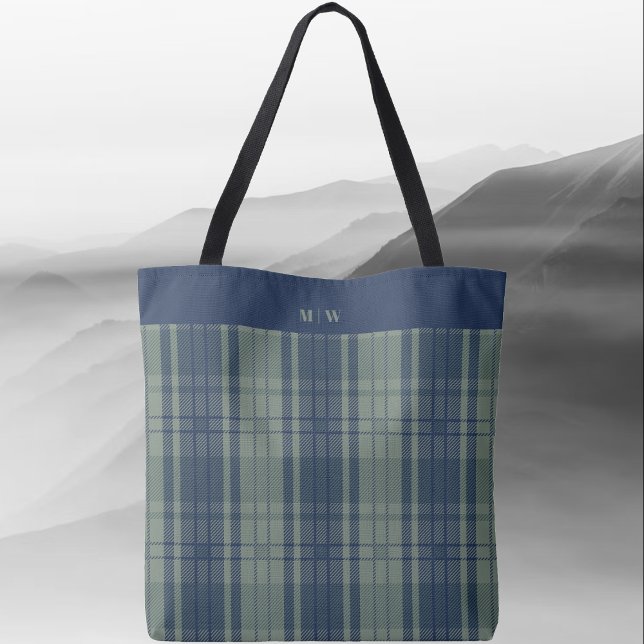 Bolsa Tote Xadrez de Tartan - Azul Marinho e Verde Traseiro (Tartan Plaid - Navy Blue and Slate Green Tote Bag by Leapfroglisics Shop)