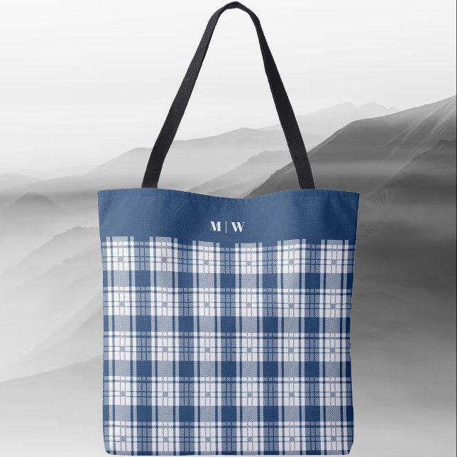 Bolsa Tote Xadrez de Tartan - Marinho Azul e Branco (Tartan Plaid - Navy Blue and White Tote Bag by Leapfroglisics Shop)