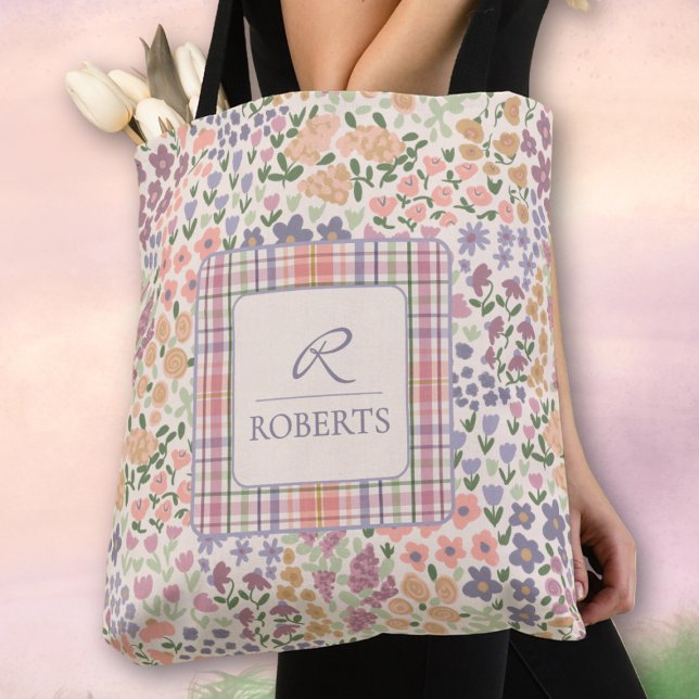 Bolsa Tote Xadrez e Floral Personalizada (Personalized Floral Plaid Tote Bag)