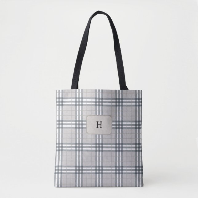 Bolsa Tote Xadrez Escocês Bege Monogramado  (Frente)
