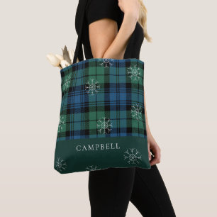 Bolsa Tote Xadrez Floco de Neve Padrão Azul Verde Campbell Ta