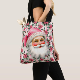 Bolsa Tote Xadrez Floral de Natal do Pai Natal cor-de-rosa
