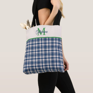 Bolsa Tote Xadrez Gingham Azul e Verde com Monograma