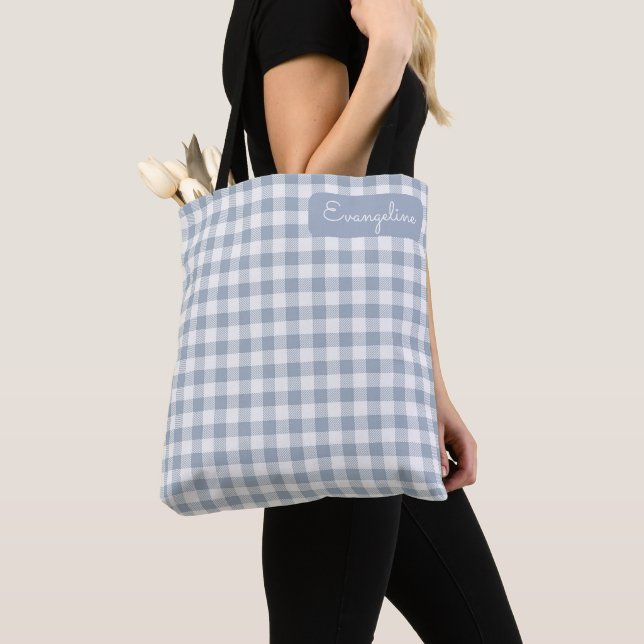 Bolsa Tote Xadrez Gingham Costeiro Préppy Azul e Branco Nome (Close Up)