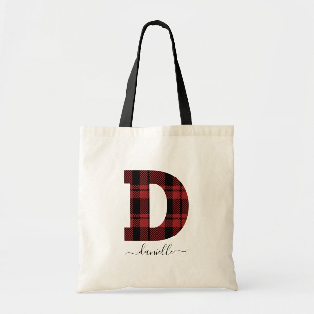 Bolsa Tote Xadrez - Letra monográfica vermelha e preta "D" (Frente)