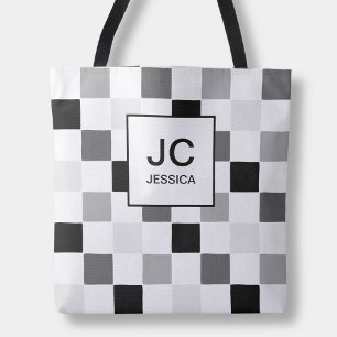 Bolsa Tote Xadrez Monograma Preto Cinza Moderno Simples Chequ