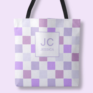 Bolsa Tote Xadrez Monograma Roxo Lavanda Moderno Simples
