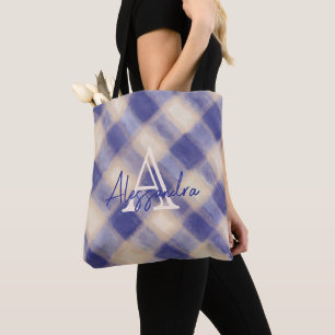 Bolsa Tote Xadrez monograma tartan azul marinho creme caligra
