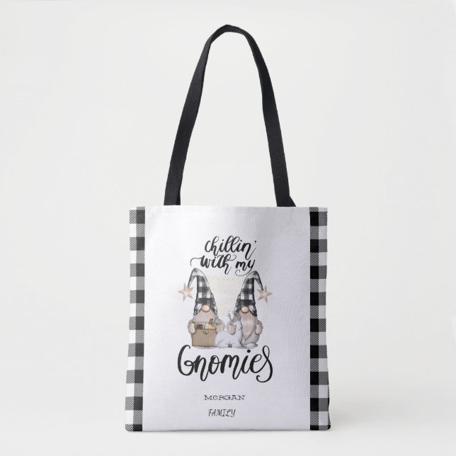 Bolsa Tote Xadrez Negra dos Gnomos Cutes Adoráveis (Frente)