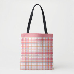 Bolsa Tote Xadrez Pastel Suave - Rosa, Pêssego, Roxo e Laranj
