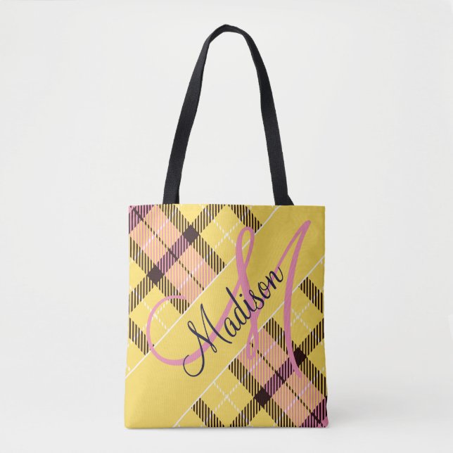 Bolsa Tote Xadrez Rosa Amarelo Elegante | Adicione o Seu Nome (Frente)